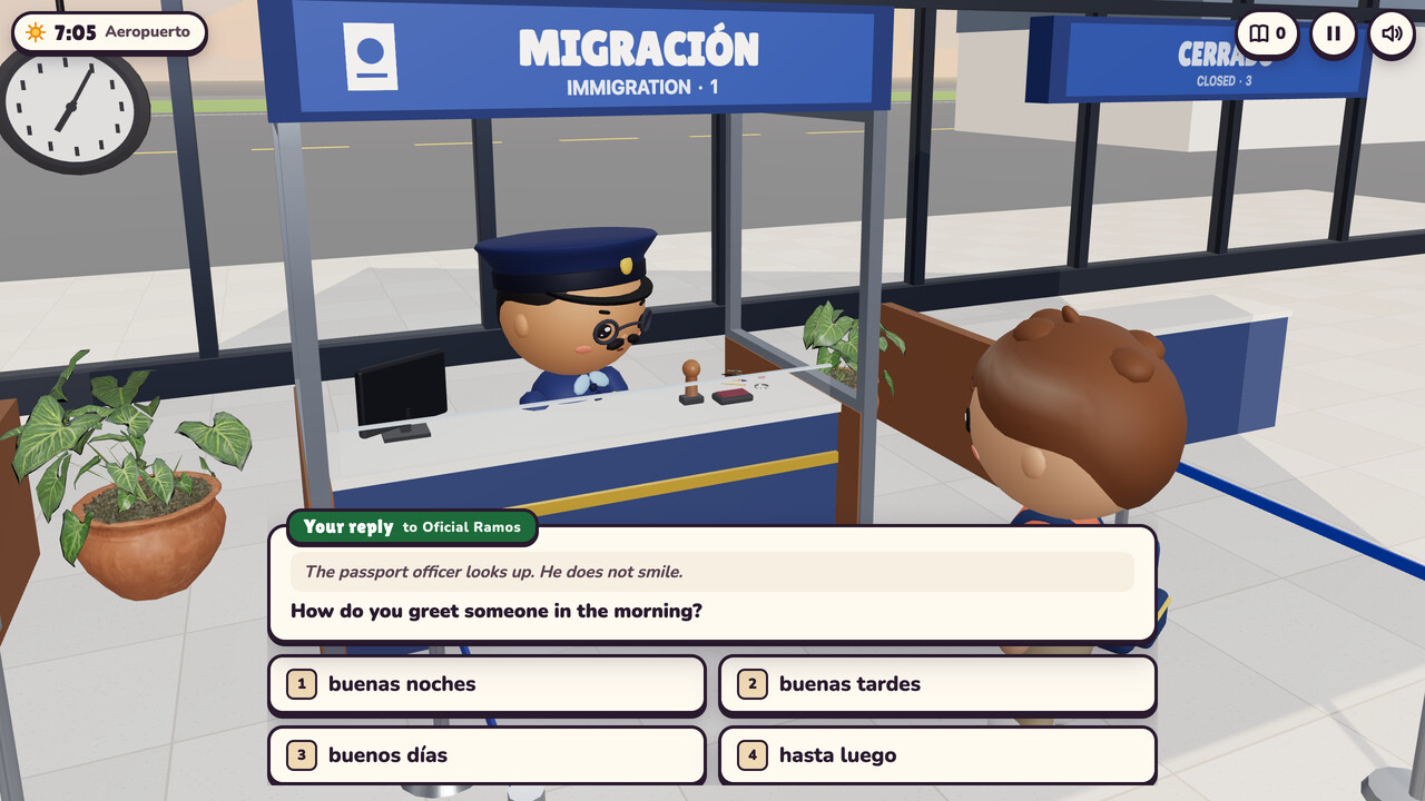 At the airport's MIGRACIÓN booth, Oficial Ramos waits behind his counter while the reply card asks how you greet someone in the morning, with four choices: buenas noches, buenas tardes, buenos días and hasta luego.