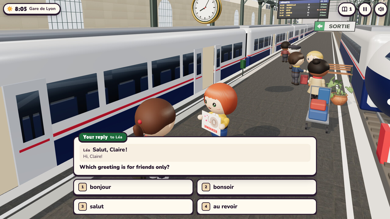 On the platform at the Gare de Lyon, Léa holds her BIENVENUE sign upside down while the reply card shows her greeting, Salut, Claire, with its meaning, Hi, Claire, and asks which greeting is for friends only, with four choices: bonjour, bonsoir, salut and au revoir.