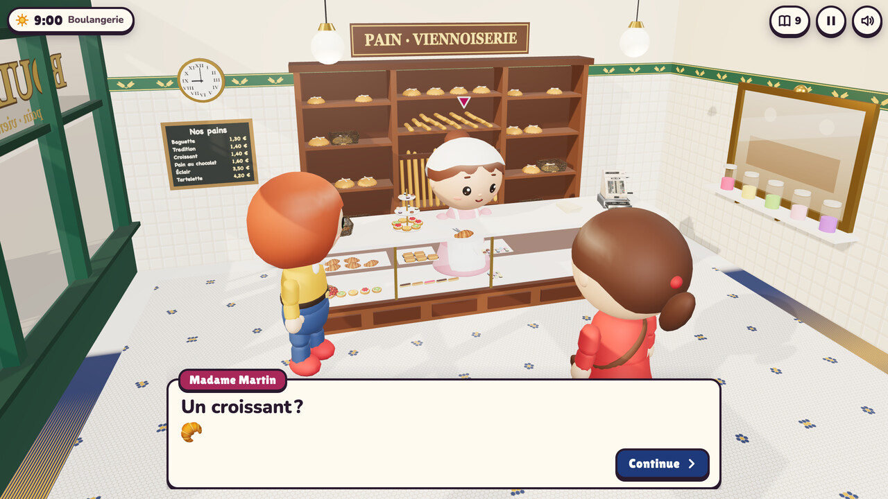 In the boulangerie, Madame Martin holds out a croissant in her tongs behind a glass case of pastries and asks Un croissant?, with a croissant picture as its meaning, while Léa and you stand at the counter.