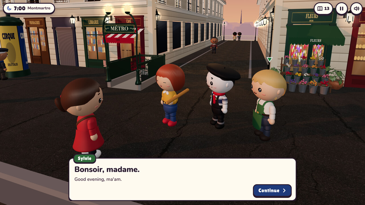 A street in Montmartre at dusk with the streetlamps lit: Léa, Thomas the mime and Sylvie stand near a Métro entrance and her flower stall, and Sylvie says Bonsoir, madame, with its meaning, Good evening, ma'am.