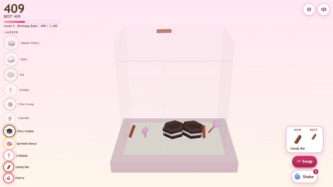 Level 2, Birthday Bash: a glass display case with a few candy bars, lollypops and chocolate cookies on its floor, the dessert ladder from Cherry up to Master Pastry on the left, the score above it, and the held Candy Bar with Swap and Shake buttons on the right.