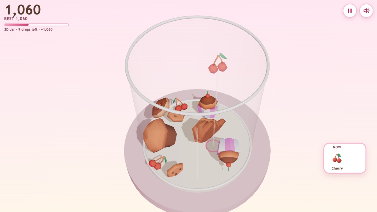 The 3D Jar bonus round: muffins, cookies, cherries, cupcakes and a croissant in a round glass jar seen from above, a cherry held over it with a guide line down to a ring on the floor, and 9 drops left shown at the top left.