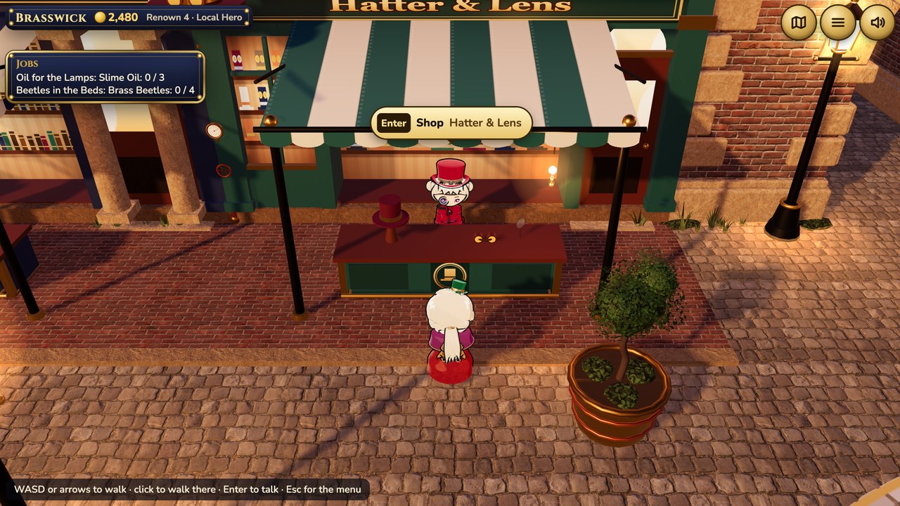 In Brasswick, the hero stands at the counter of Hatter & Lens, a hat shop under a striped awning, with the prompt Enter Shop and the Jobs list in the corner.
