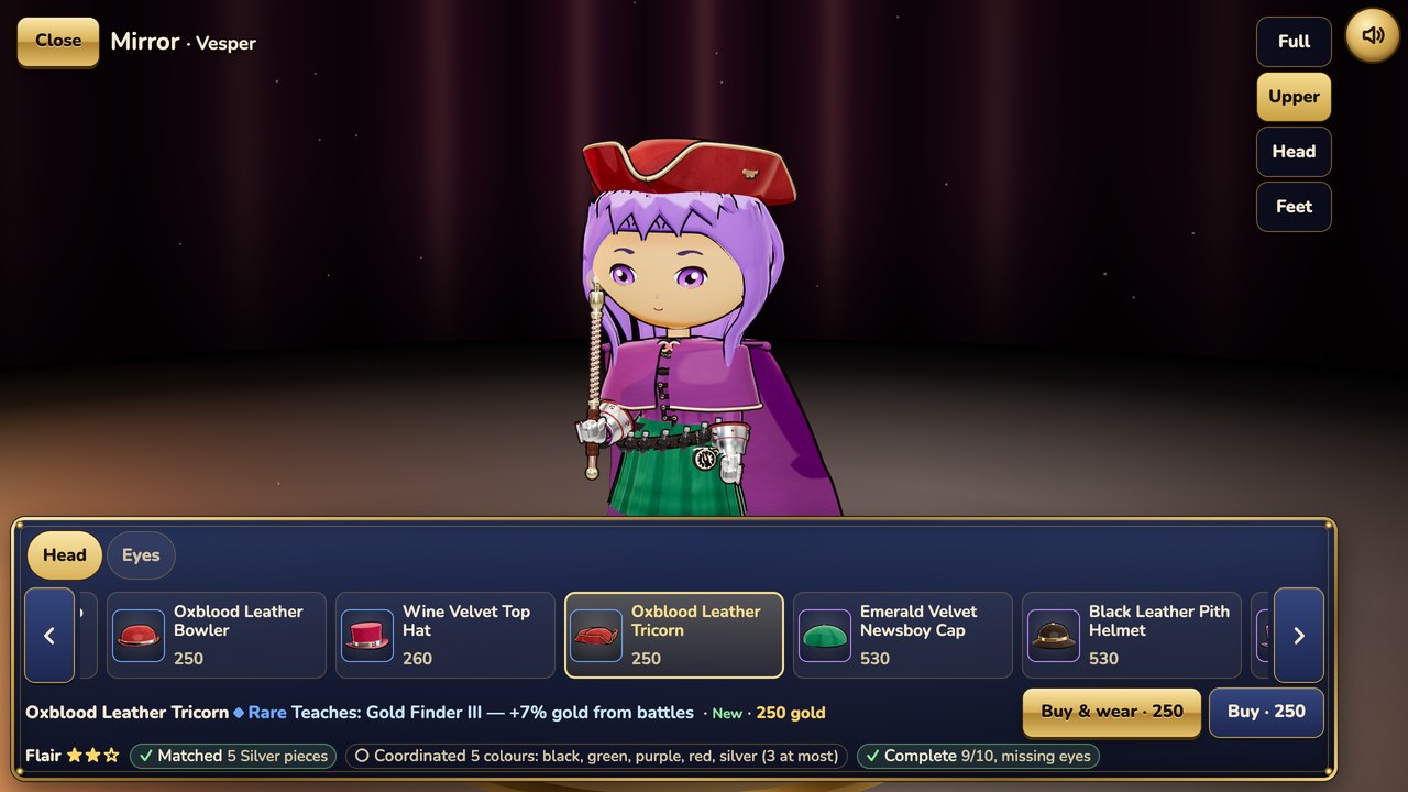 The Mirror: Vesper, a purple-haired chibi hero, tries on a red Oxblood Leather Tricorn, above a row of hats with their prices, the perk the tricorn teaches and her Flair stars.