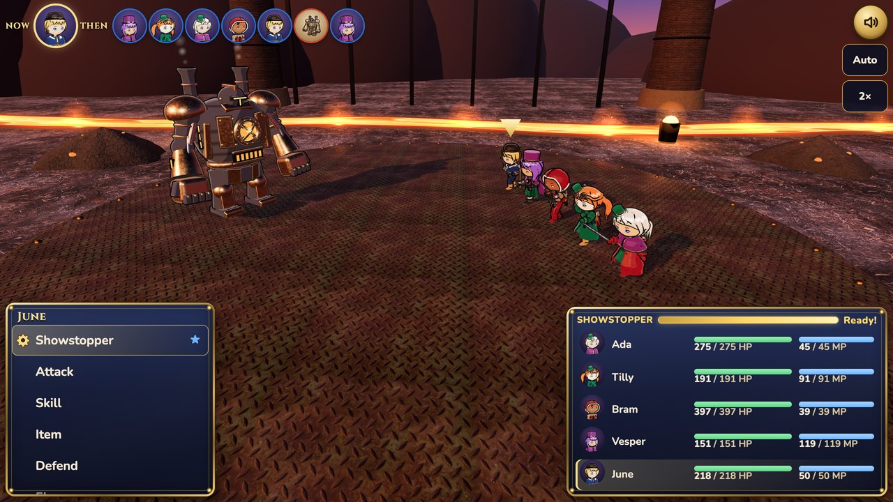 A turn-based battle at dusk: the party of five faces a giant clockwork machine across a glowing field, with June's commands (Showstopper, Attack, Skill, Item, Defend) and the party's HP and MP bars below.