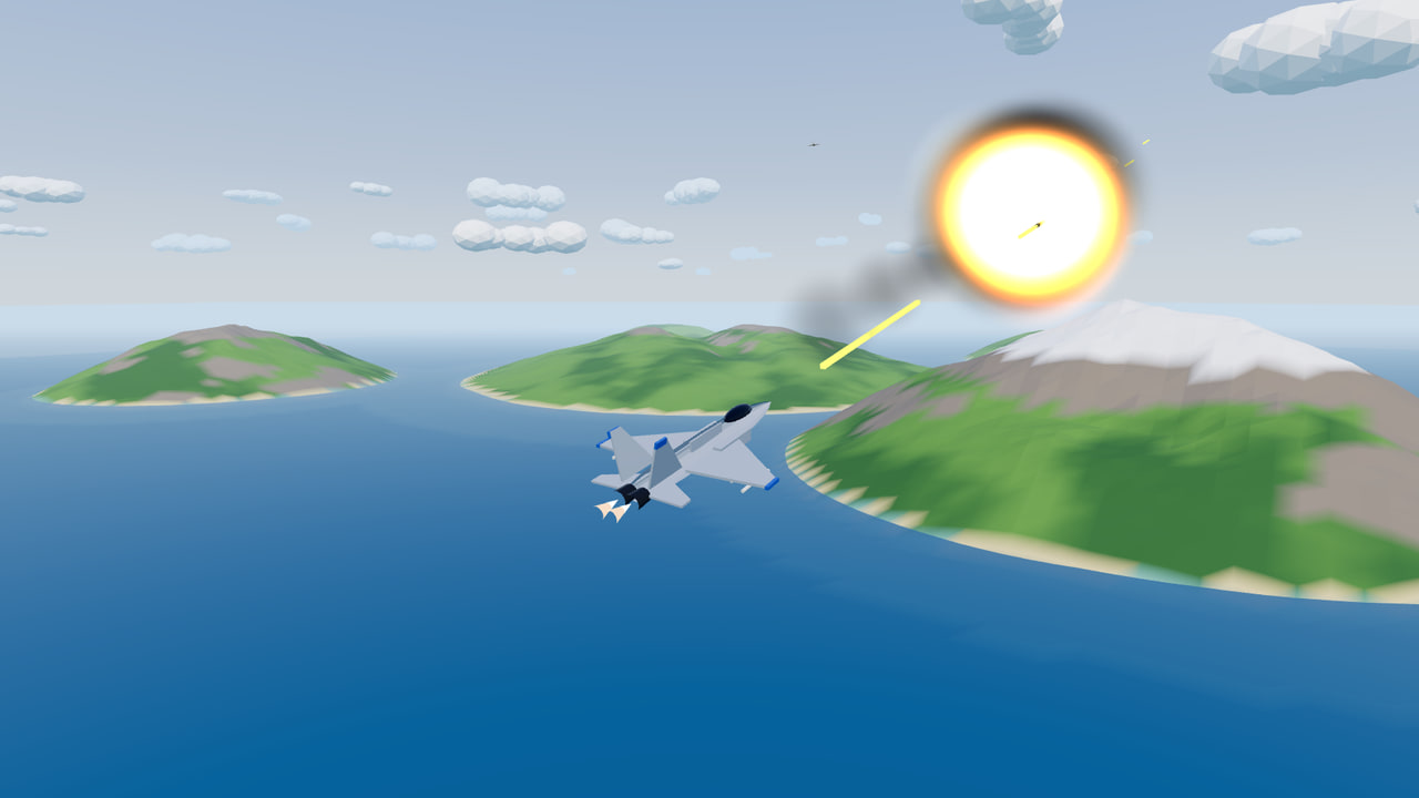 Your grey jet flies over the sea between green islands, with a snow-capped mountain on the right, as yellow tracer rounds and a smoke trail lead to a fireball in the sky.