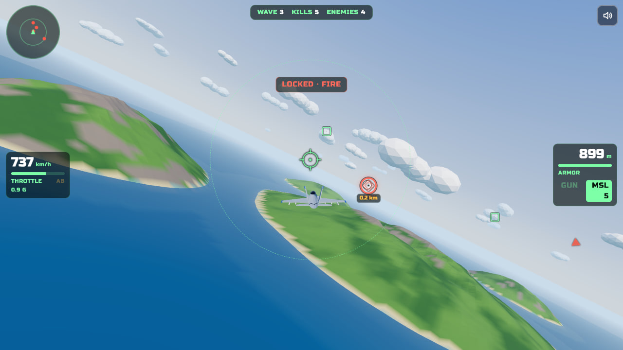 Seen from behind your jet over an island, the HUD shows wave 3 with five kills and four enemies left, missiles selected with five left, and a solid red ring on an enemy 0.2 km away under the words LOCKED · FIRE.