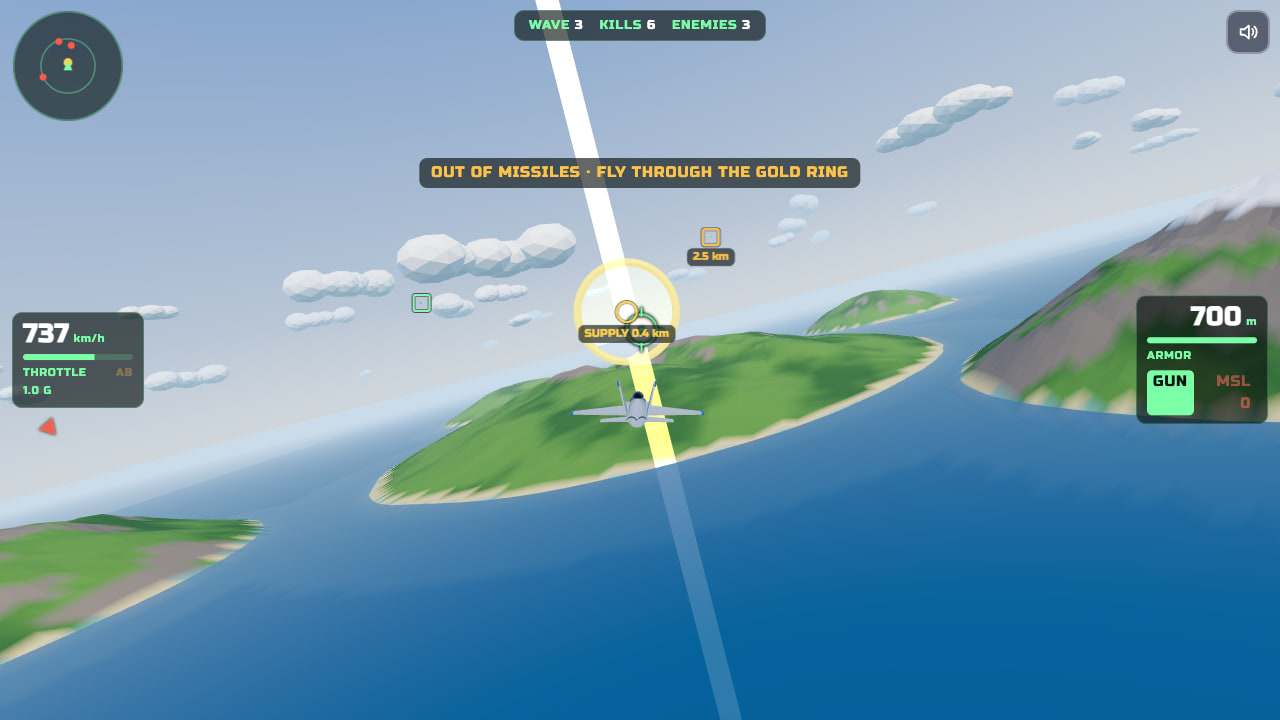 Your jet heads for a gold supply ring 0.4 km ahead, marked by a tall beam of light, while the HUD shows no missiles left and the message OUT OF MISSILES · FLY THROUGH THE GOLD RING.