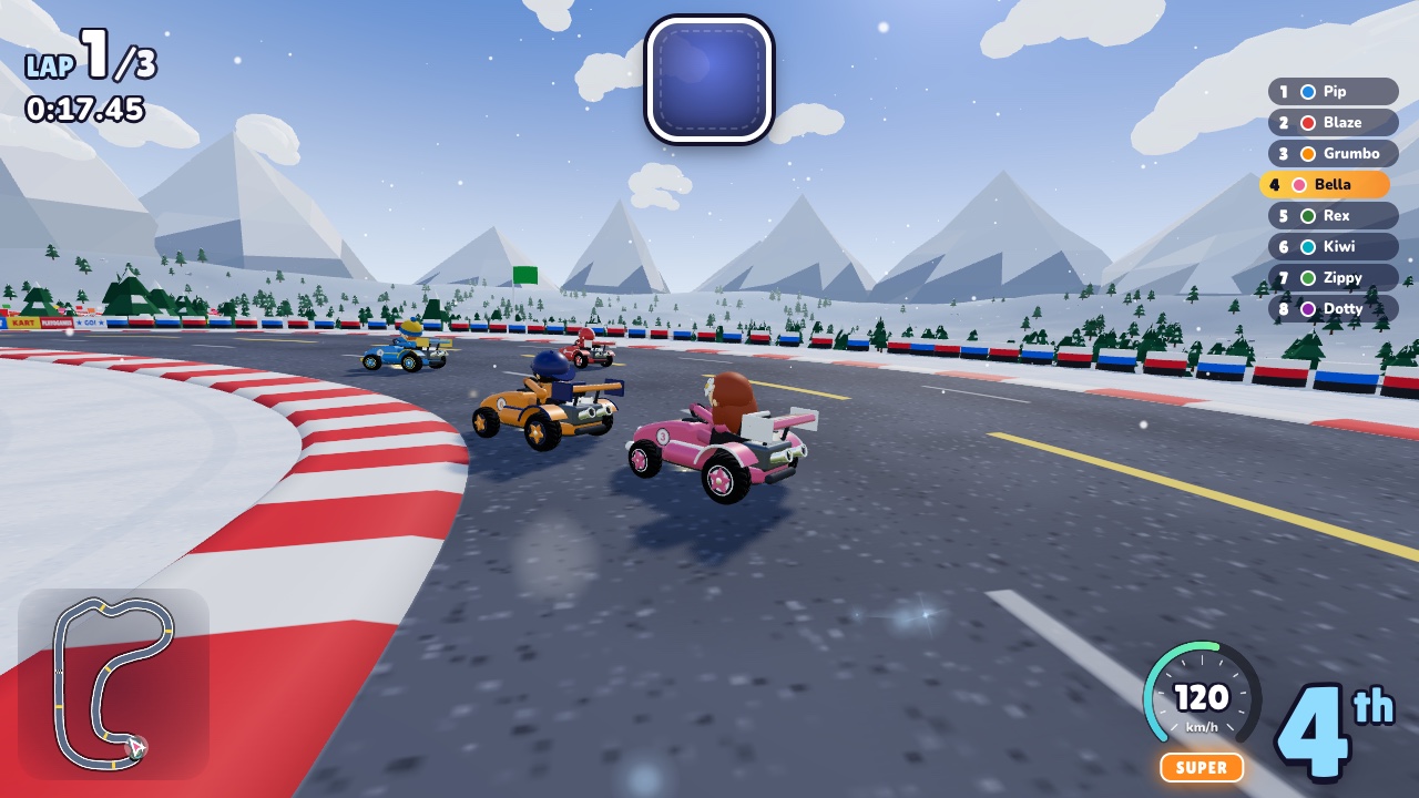 Bella's pink kart slides through a snowy bend on Frostbite Pass in 4th place on lap 1 of 3, with SUPER lit under the speedometer, the standings on the right and a track map at the bottom left.