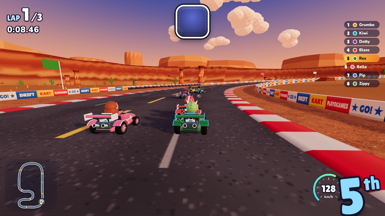 Rex's green kart races beside a pink kart between red canyon walls and mesas on Sunset Canyon, in 5th place on lap 1 of 3.