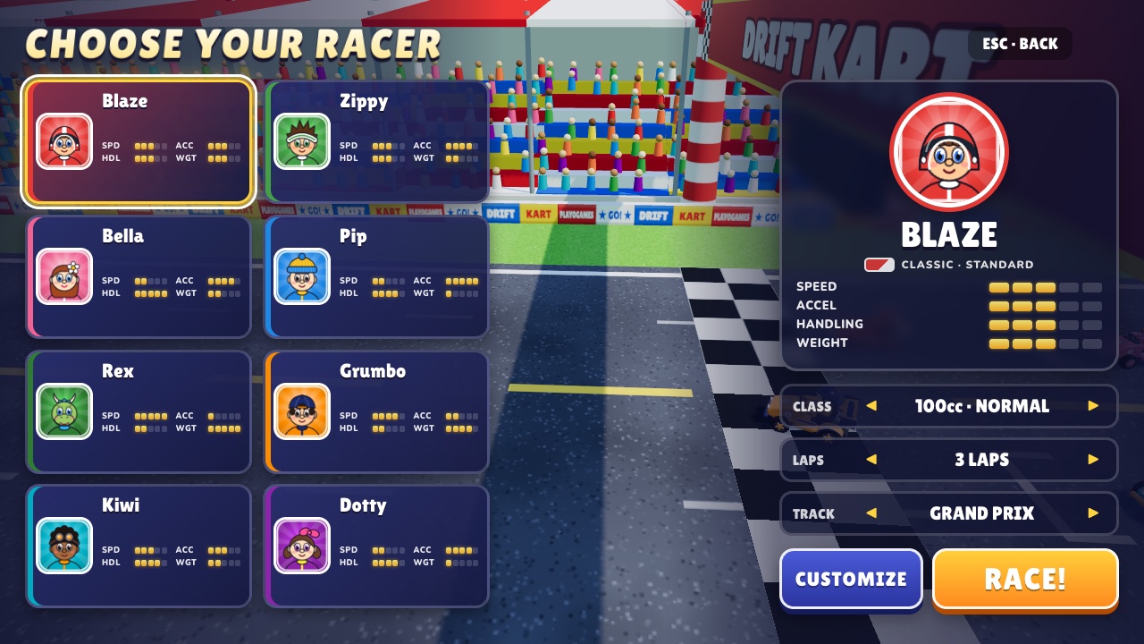 The CHOOSE YOUR RACER screen: eight racer cards with stat bars, Blaze selected and shown large with his stats, and the CLASS, LAPS and TRACK settings above the CUSTOMIZE and RACE buttons.