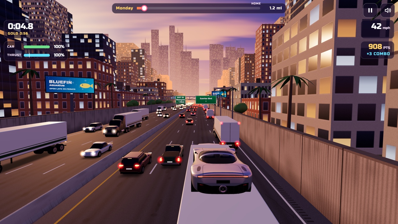 The silver roadster driving on the roof of a white semi trailer in the right-hand lane of a sunset freeway, traffic and towers ahead, with the HUD showing 908 points and ×3 COMBO.