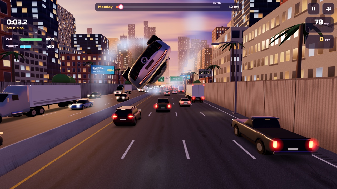 The roadster upside down in the middle of a barrel roll high over the freeway, white thruster gas puffing from its sides, cars and trucks below.
