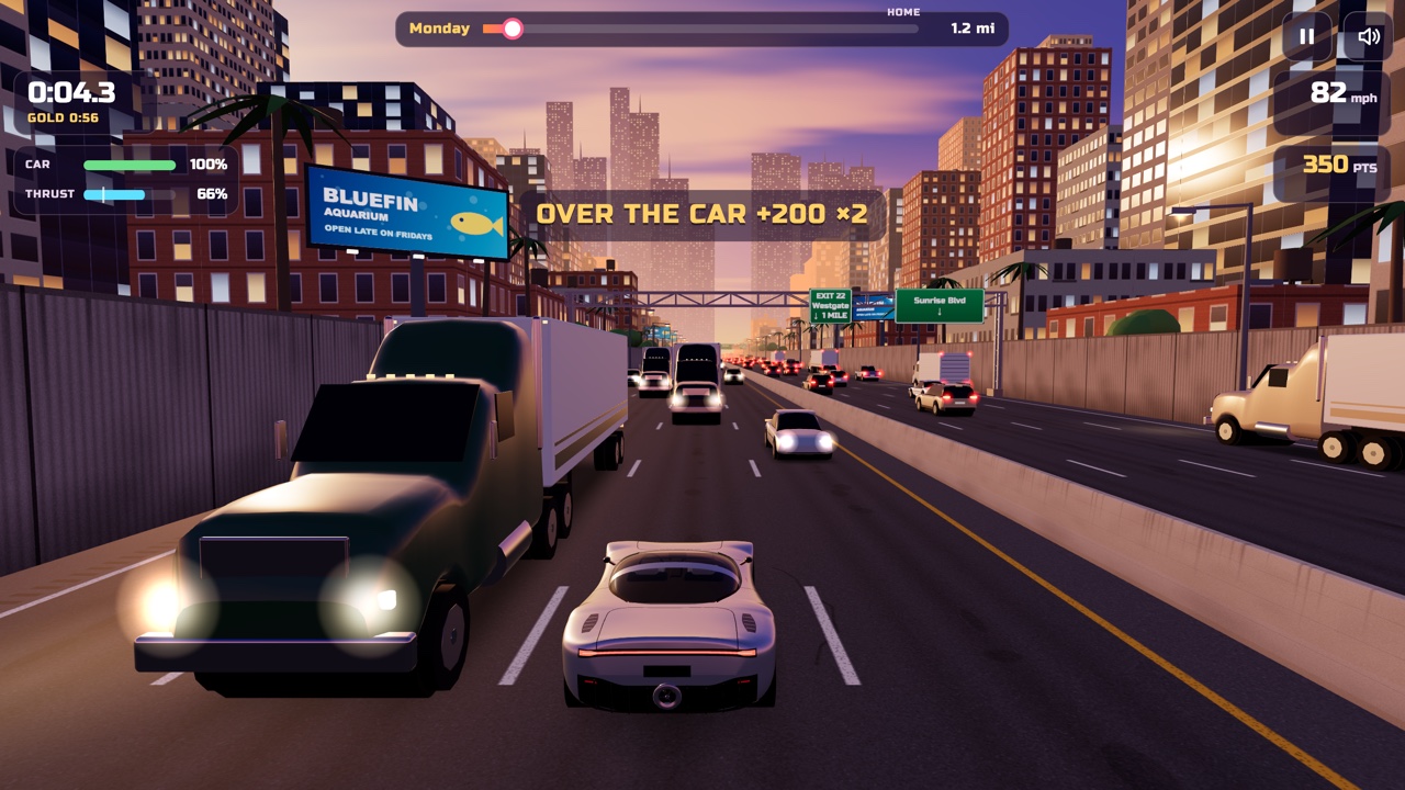 The roadster in the oncoming lanes on the far side of the concrete barrier, a semi with its headlights on coming toward it, and the message OVER THE CAR +200 ×2.