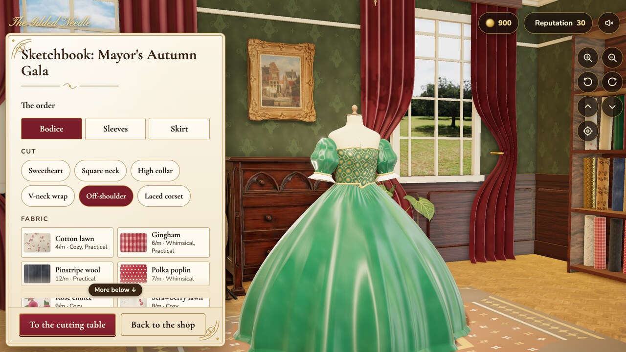 The sketchbook panel for the Mayor's Autumn Gala, with Bodice, Sleeves and Skirt tabs, cuts and fabric swatches, beside a green ball gown with a gold-patterned bodice on a dress form in the shop.