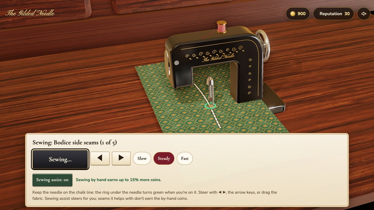 A black vintage sewing machine stitching along a white chalk line on green patterned fabric, above a panel with the pedal, steering arrows, Slow, Steady and Fast, and the Sewing assist switch.
