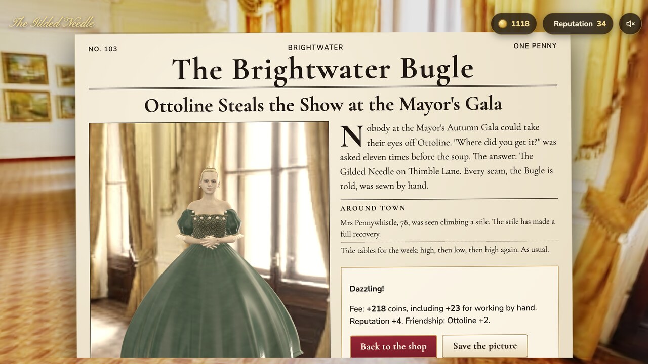 The front page of The Brightwater Bugle, headlined Ottoline Steals the Show at the Mayor's Gala, with a photograph of her in the green gown, the article, Around town and a Dazzling result with her fee and reputation.