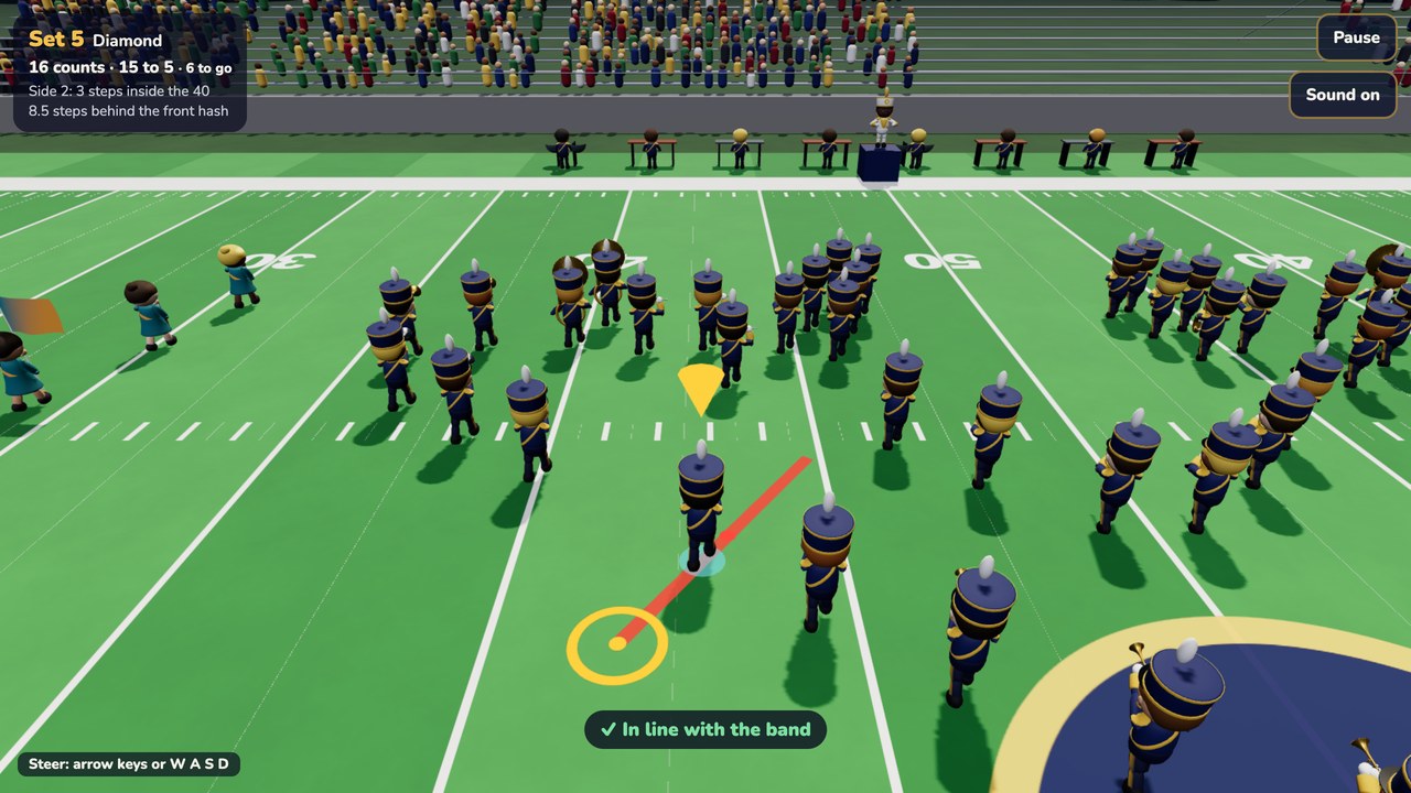 A marcher in a navy uniform with a white plume on a football field at night, a gold marker over their head and a red line on the turf leading to a yellow ring, with the band around them and the message In line with the band at the bottom.