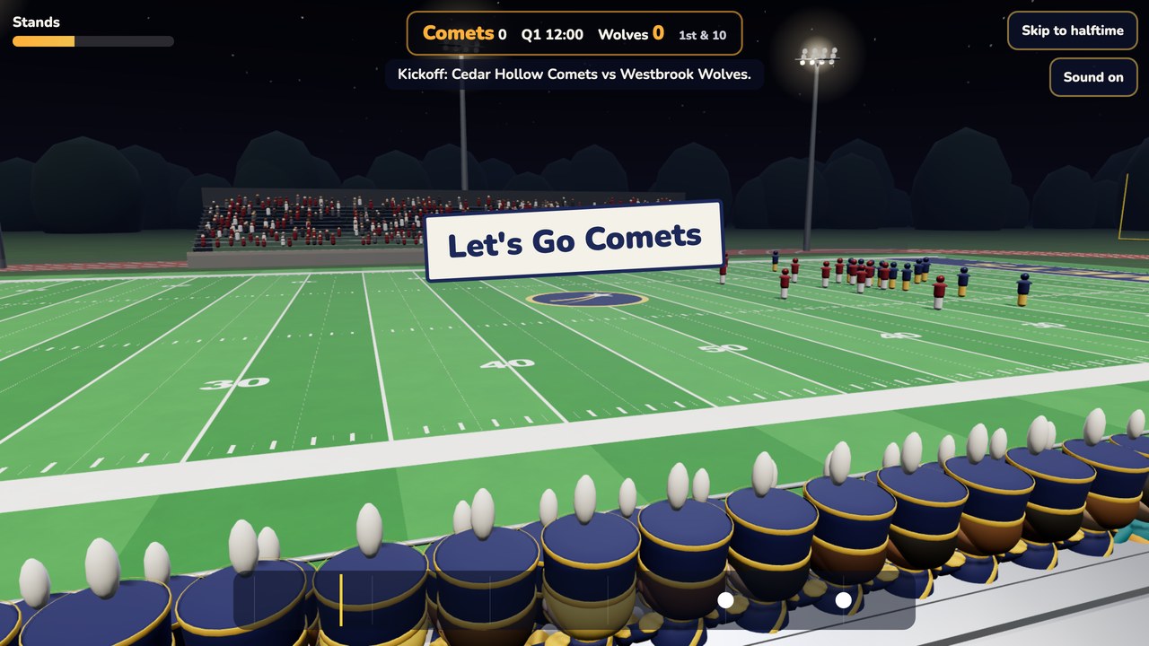 The view from the band's seats in the stands at night, with a Let's Go Comets sign over the field, the scoreboard reading Comets 0, Wolves 0 at the top, the Stands meter in the corner and the note strip along the bottom.