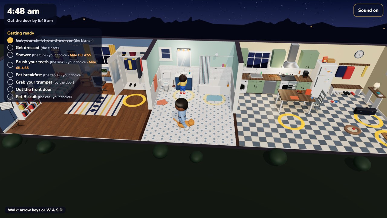 A cutaway house with a bedroom, bathroom and kitchen side by side, gold rings on the floors, the clock reading 4:48 am with Out the door by 5:45 am, and a Getting ready list that includes Get dressed, Shower and Pet Biscuit.