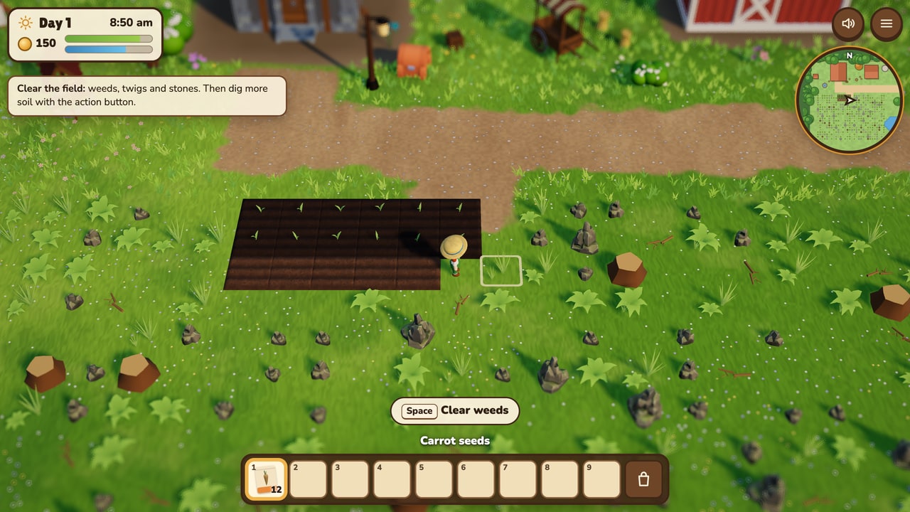 Day 1 on the farm: a dug plot of carrot sprouts beside an overgrown field of weeds, twigs, stones and stumps, with the goal card saying Clear the field and the prompt Space Clear weeds.