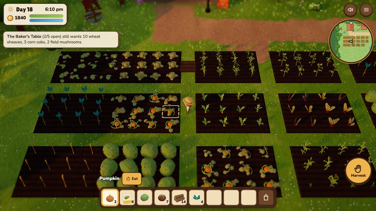 A grown farm at golden hour with beds of lettuce, corn, sweet peas, pumpkins, wheat and berry bushes, the farmer beside a ripe pumpkin and the round button reading Harvest.