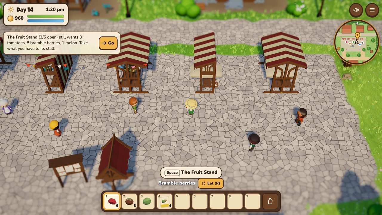 The village market square at midday: striped market stalls, Otto's notice board and villagers on the cobbles, with the goal card listing what The Fruit Stand still wants.