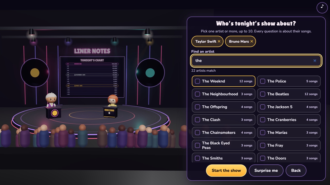 Who's tonight's show about: Taylor Swift and Bruno Mars picked as chips above a filter box with "the" typed, 22 matching artists listed with their song counts, and Start the show, Surprise me and Back.