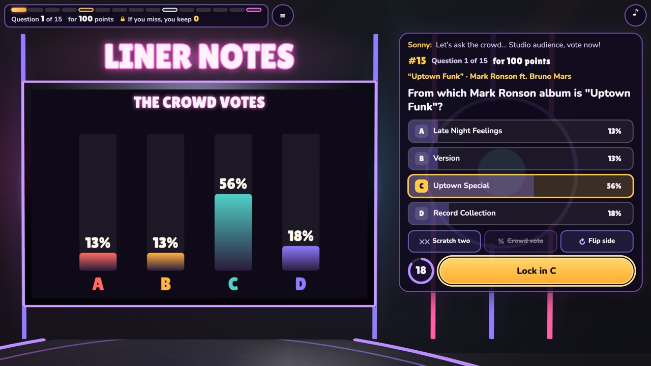A question about "Uptown Funk" by Mark Ronson and Bruno Mars, with the crowd's vote on the studio wall (56% for C), the four answers, the helps, 18 seconds left on the clock and Lock in C.
