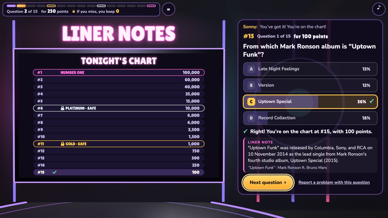 The right answer ticked, "Right! You're on the chart at #15, with 100 points", and a liner note about the song's release, beside the chart on the studio wall.