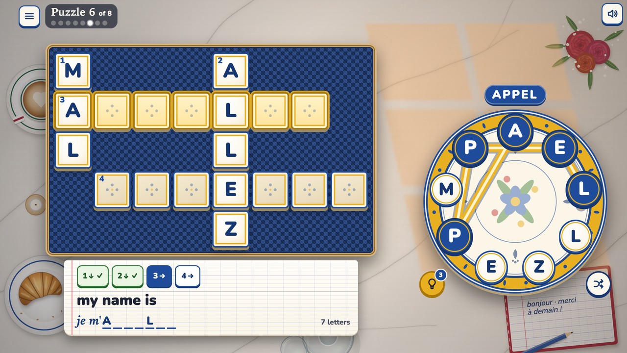 Puzzle 6 of 8: a crossword of cream faience tiles on a blue woven mat with MAL and ALLEZ found, the clue card asking for my name is as je m' and seven letter boxes with an A and an L already shown, and A, P, P, E and L joined by a gold trail on the letter wheel, spelling APPEL.
