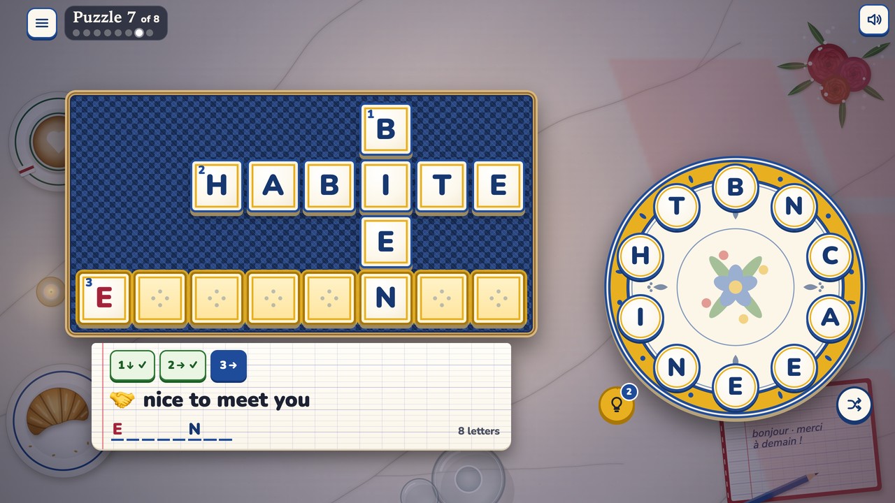 Puzzle 7 of 8 at dusk: HABITE and BIEN found, and the clue card asking for nice to meet you, with a handshake, as eight letter boxes, the first an E from a hint in red and the sixth an N from BIEN. The light bulb beside the wheel shows 2 hints left.
