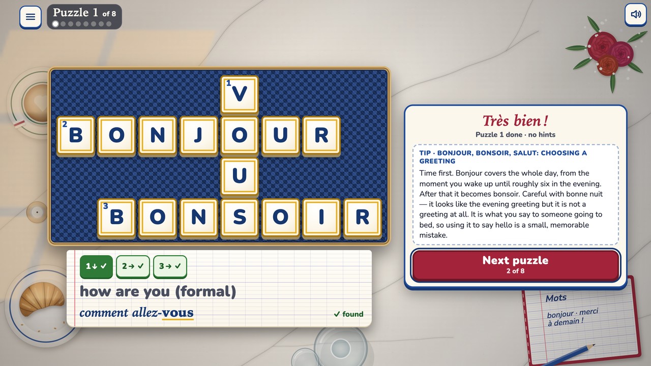 Puzzle 1 finished: VOUS, BONJOUR and BONSOIR filled in on the grid, the card showing how are you (formal) as comment allez-vous, found, and a panel headed Très bien saying Puzzle 1 done, no hints, with the whole tip on choosing a greeting, from 'Time first. Bonjour covers the whole day' to 'a small, memorable mistake', and a Next puzzle button, 2 of 8.