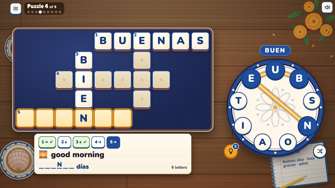 Puzzle 4 of 9: a crossword on a navy mat with BUENAS and BIEN found, the clue card asking for good morning, with a sunrise picture, as six letter boxes before días with the N already shown, and B, U, E and N joined by a gold trail on the letter wheel, spelling BUEN.